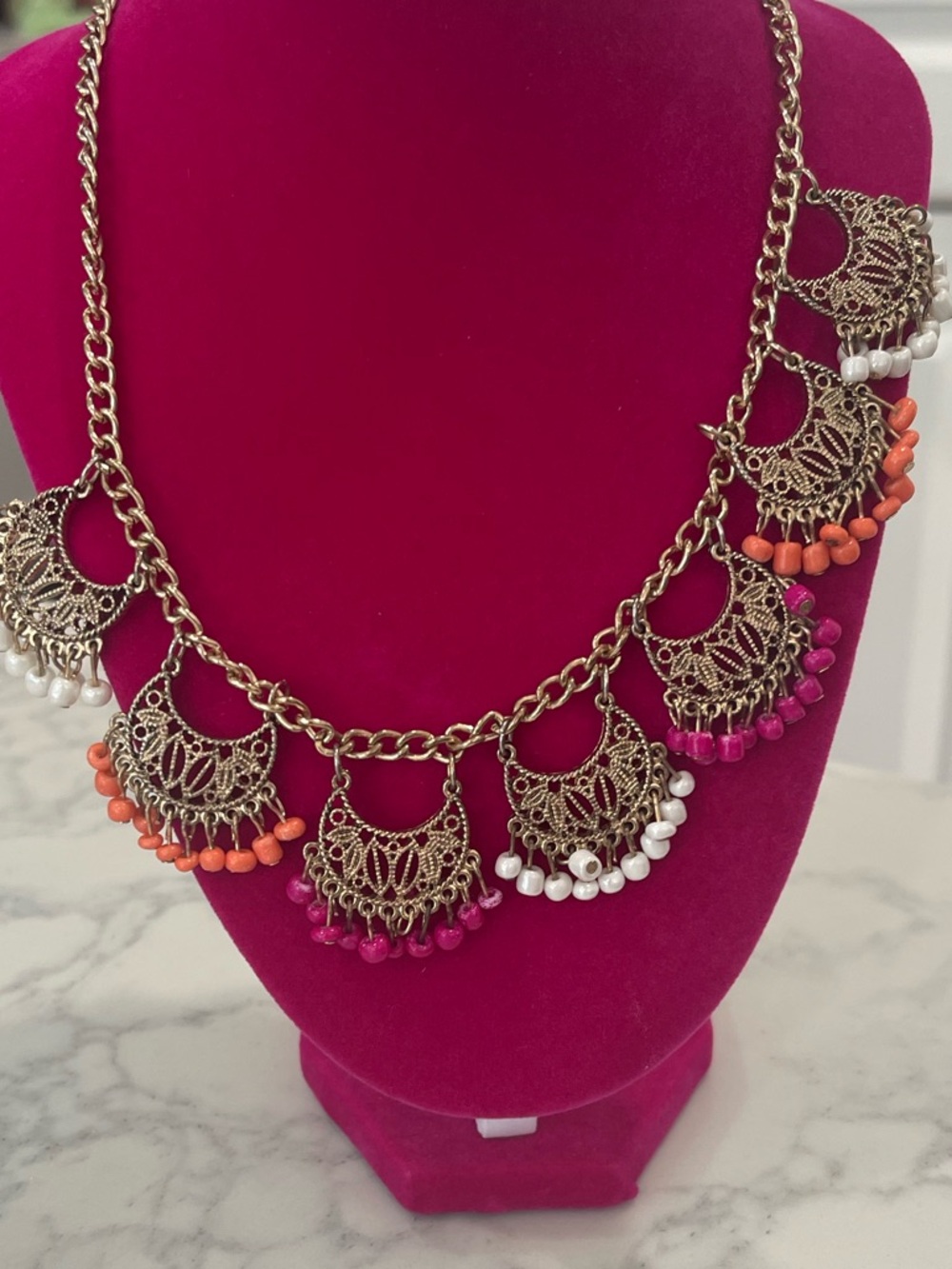 Chico's Gold-Tone Filigree Necklace with Pink Orange and White Beads